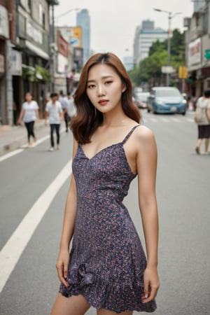 photography, realistic, raw photo, photo of a beautiful korean girl in floral printed sundress, on Seoul street