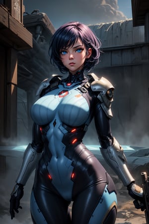 ((Masterpiece)), best quality, 8k, extremely high quality, highly detailed, extremely detailed, ambient soft lighting, 2 girls, looking around, weapons at the ready, dynamic stance, huge breasts, huge curvy hips, narrow waist, skinny, skin tight battle suit, cerulean blue, armor, futuristic, sci-fi, cyberware, cybertech, unexplored world, mist, ancient marvelous structures, ultra highres, atmosphere of mystery and danger, (detailed face:1.2), (detailed eyes:1.2), detailed background, intricate, foggy landscape, adult dark fantasy