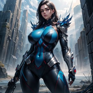 masterpiece, best quality, ultra-detailed, 8K, highly detailed, colorful, 2 girls, looking around, weapons at the ready, dynamic stance, huge breasts, huge curvy hips, narrow waist, skinny, skin tight battle suit, cerulean blue, armor, futuristic, sci-fi, cyberware, cybertech, unexplored world, mist, ancient marvelous structures, ultra highres, atmosphere of mystery and danger, (detailed face:1.2), (detailed eyes:1.2), detailed background, intricate, foggy landscape