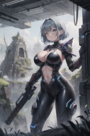 2 girls, looking around, weapons at the ready, dynamic stance, huge breasts, huge curvy hips, narrow waist, skinny, skin tight battle suit, cerulean blue, armor, futuristic, sci-fi, cyberware, cybertech, unexplored world, mist, ancient marvelous structures, ultra highres, atmosphere of mystery and danger, (detailed face:1.2), (detailed eyes:1.2), detailed background, intricate, foggy landscape, masterpiece, best quality