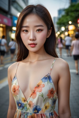 photography, realistic, raw photo, photo of a beautiful korean girl in floral printed sundress, on Seoul street, detailed iris and pupil, textured skin, realistic, intricate detailed, flash photography, realistic, amazing photo, Camera="NIKON Z9", Lens="NIKKOR Z 24-70mm f/2.8 S", "Aperture-of=f/8", "ISO=400"