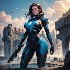 masterpiece, best quality, ultra-detailed, 8K, highly detailed, colorful, 2 girls, looking around, weapons at the ready, dynamic stance, huge breasts, huge curvy hips, narrow waist, skinny, skin tight battle suit, cerulean blue, armor, futuristic, sci-fi, cyberware, cybertech, unexplored world, mist, ancient marvelous structures, ultra highres, atmosphere of mystery and danger, (detailed face:1.2), (detailed eyes:1.2), detailed background, intricate, foggy landscape