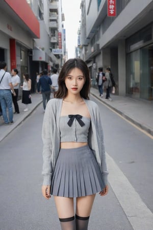 Asian female standing on the street,OOTD,Outfit of the Day,full_body,solo,grey pleated skirt, grey cardigan, stockings,full_body, full body shot, long legs, perfect hands, perfect lighting, vibrant colors, intricate details, high detailed skin, intricate background, realistic, raw, analog, taken by Canon EOS,SIGMA Art Lens 35mm F1.4,ISO 200 Shutter Speed 2000,Vivid picture,hubggirl