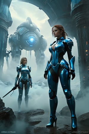 2 girls, looking around, weapons at the ready, dynamic stance, huge breasts, huge curvy hips, narrow waist, skinny, skin tight battle suit, cerulean blue, armor, futuristic, sci-fi, cyberware, cybertech, unexplored world, mist, ancient marvelous structures, ultra highres, atmosphere of mystery and danger, (detailed face:1.2), (detailed eyes:1.2), detailed background, intricate, foggy landscape, ghost person,xxmixgirl