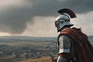 Roman legionaire, observing a battlefield, side shot, thousands of romans and barbarians are fighting in the backgound, battle, (RAW photo, best quality), (realistic, photo-Realistic:1.3), best quality, masterpiece, beautiful and aesthetic, 32K, high contrast, (vibrant color:1.4), cinematic lighting, ambient lighting, sidelighting, exquisite details and textures, cinematic shot, (bright and intense:1.2), a flawlessly composed and exquisitely lit photograph captures the essence of art, filigree elements, glowing accents, perfect composition on complex backgrounds, breathtaking surreal masterpiece, hyperrealistic inspired by Egon Schiele, Luis Royo, artistic, enchanting colors, masterful shadows, hyper details, hyperrealistic, otherworldly, by Yoshitaka Amano, Yoji Shinkawa, complex background, perfect composition, epic, rtx on, octane render, UHD, ghost person