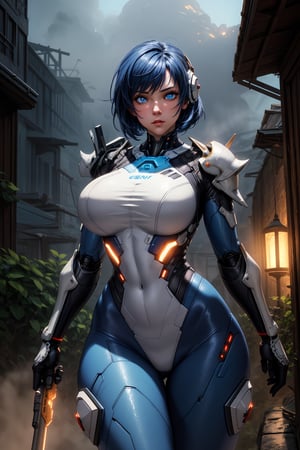 ((Masterpiece)), best quality, 8k, extremely high quality, highly detailed, extremely detailed, ambient soft lighting, 2 girls, looking around, weapons at the ready, dynamic stance, huge breasts, huge curvy hips, narrow waist, skinny, skin tight battle suit, cerulean blue, armor, futuristic, sci-fi, cyberware, cybertech, unexplored world, mist, ancient marvelous structures, ultra highres, atmosphere of mystery and danger, (detailed face:1.2), (detailed eyes:1.2), detailed background, intricate, foggy landscape, adult dark fantasy