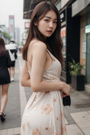 photo of a beautiful korean girl in floral printed sundress, on Seoul street, realism