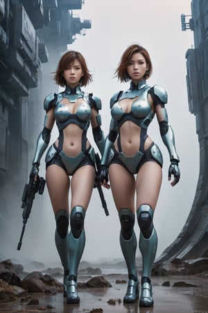 2 girls, looking around, weapons at the ready, dynamic stance, huge breasts, huge curvy hips, narrow waist, skinny, skin tight battle suit, color #ff6cdc, armor, futuristic, sci-fi, cyberware, cybertech, unexplored world, mist, ancient marvelous structures, ultra highres, atmosphere of mystery and danger, (detailed face:1.2), (detailed eyes:1.2), detailed background, intricate, foggy landscape