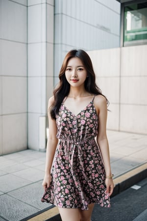 photo of a beautiful korean girl in floral printed sundress, on Seoul street