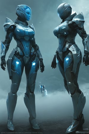 2 girls, looking around, weapons at the ready, dynamic stance, huge breasts, huge curvy hips, narrow waist, skinny, skin tight battle suit, cerulean blue, armor, futuristic, sci-fi, cyberware, cybertech, unexplored world, mist, ancient marvelous structures, ultra highres, atmosphere of mystery and danger, (detailed face:1.2), (detailed eyes:1.2), detailed background, intricate, foggy landscape, ghost person