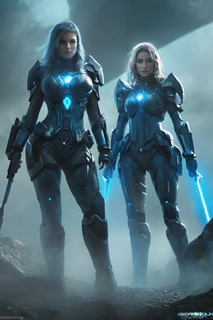 2 girls, looking around, weapons at the ready, dynamic stance, huge breasts, huge curvy hips, narrow waist, skinny, skin tight battle suit, cerulean blue, armor, futuristic, sci-fi, cyberware, cybertech, unexplored world, mist, ancient marvelous structures, ultra highres, atmosphere of mystery and danger, (detailed face:1.2), (detailed eyes:1.2), detailed background, intricate, foggy landscape, ghost person