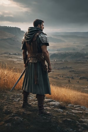 1 man, Roman legionaire, observing a battlefield, side shot, romans and barbarians are fiting in the backgound, battle, (RAW photo, best quality), (realistic, photo-Realistic:1.3), best quality, masterpiece, beautiful and aesthetic, 32K, high contrast, (vibrant color:1.4), cinematic lighting, ambient lighting, sidelighting, exquisite details and textures, cinematic shot, (bright and intense:1.2), a flawlessly composed and exquisitely lit photograph captures the essence of art, filigree elements, glowing accents, perfect composition on complex backgrounds, breathtaking surreal masterpiece, hyperrealistic inspired by Egon Schiele, Luis Royo, artistic, enchanting colors, masterful shadows, hyper details, hyperrealistic, otherworldly, by Yoshitaka Amano, Yoji Shinkawa, complex background, perfect composition, epic, rtx on, octane render, UHD, ghost person