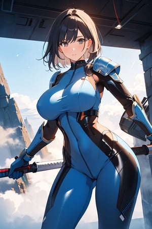 2 girls, looking around, weapons at the ready, dynamic stance, huge breasts, huge curvy hips, narrow waist, skinny, skin tight battle suit, cerulean blue, armor, futuristic, sci-fi, cyberware, cybertech, unexplored world, mist, ancient marvelous structures, ultra highres, atmosphere of mystery and danger, (detailed face:1.2), (detailed eyes:1.2), detailed background, intricate, foggy landscape, masterpiece, best quality