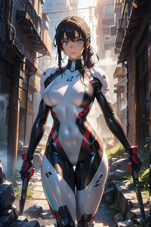 2 girls, looking around, weapons at the ready, dynamic stance, huge breasts, huge curvy hips, narrow waist, skinny, skin tight translucent white glossy smooth bodysuit, armor, futuristic, sci-fi, cyberware, cybertech, unexplored world, mist, ancient marvelous structures, ultra highres, atmosphere of mystery and danger, (detailed face:1.2), (detailed eyes:1.2), detailed background, intricate, foggy landscape, masterpiece, best quality, perfect, Enhance, FUJI, rubbersuit02, rubbersuit, realhands, Extremely Realistic, latex suit, rubber suit,Anime