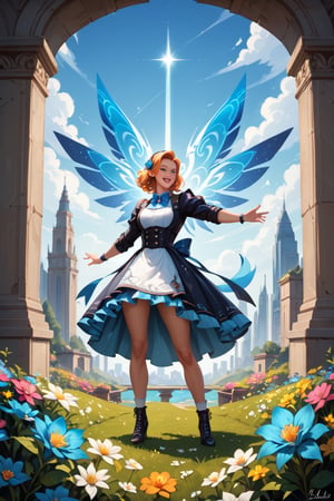 score_9, score_8_up, score_7_up,, score_6_up, A curious young woman with a bouquet of vibrant flowers stands amidst a fantastical landscape inspired by Wonderland's whimsy. In the background, a glowing alien cityscape stretches towards the sky, illuminated by an ethereal blue light. The young woman's bright smile and outstretched arms seem to welcome the extraterrestrial visitors, as if showcasing her own little patch of wonder in this surreal science fiction world. masterpiece, best quality, score_5_up