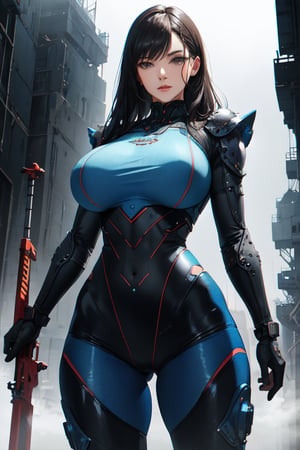 2 girls, looking around, weapons at the ready, dynamic stance, huge breasts, huge curvy hips, narrow waist, skinny, skin tight battle suit, cerulean blue, armor, futuristic, sci-fi, cyberware, cybertech, unexplored world, mist, ancient marvelous structures, ultra highres, atmosphere of mystery and danger, (detailed face:1.2), (detailed eyes:1.2), detailed background, intricate, foggy landscape, masterpiece, best quality