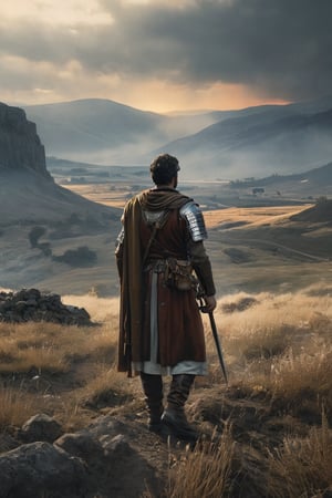 1 man, Roman legionaire, observing a battlefield, (RAW photo, best quality), (realistic, photo-Realistic:1.3), best quality, masterpiece, beautiful and aesthetic, 32K, high contrast, (vibrant color:1.4), cinematic lighting, ambient lighting, sidelighting, exquisite details and textures, cinematic shot, (bright and intense:1.2), a flawlessly composed and exquisitely lit photograph captures the essence of art, filigree elements, glowing accents, perfect composition on complex backgrounds, breathtaking surreal masterpiece, hyperrealistic inspired by Egon Schiele, Luis Royo, artistic, enchanting colors, masterful shadows, hyper details, hyperrealistic, otherworldly, by Yoshitaka Amano, Yoji Shinkawa, complex background, perfect composition, epic, rtx on, octane render, UHD, ghost person