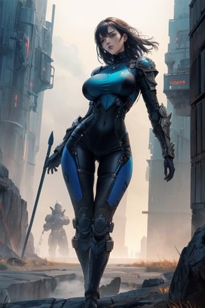 2 girls, looking around, weapons at the ready, dynamic stance, huge breasts, huge curvy hips, narrow waist, skinny, skin tight battle suit, cerulean blue, armor, futuristic, sci-fi, cyberware, cybertech, unexplored world, mist, ancient marvelous structures, ultra highres, atmosphere of mystery and danger, (detailed face:1.2), (detailed eyes:1.2), detailed background, intricate, foggy landscape, masterpiece, best quality