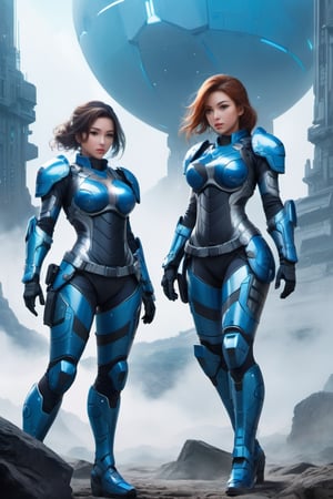 2 girls, looking around, weapons at the ready, dynamic stance, huge breasts, huge curvy hips, narrow waist, skinny, skin tight battle suit, cerulean blue, armor, futuristic, sci-fi, cyberware, cybertech, unexplored world, mist, ancient marvelous structures, ultra highres, atmosphere of mystery and danger, (detailed face:1.2), (detailed eyes:1.2), detailed background, intricate, foggy landscape, masterpiece, best quality