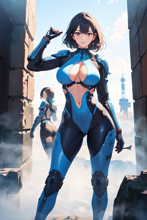 2 girls, looking around, weapons at the ready, dynamic stance, huge breasts, huge curvy hips, narrow waist, skinny, skin tight battle suit, cerulean blue, armor, futuristic, sci-fi, cyberware, cybertech, unexplored world, mist, ancient marvelous structures, ultra highres, atmosphere of mystery and danger, (detailed face:1.2), (detailed eyes:1.2), detailed background, intricate, foggy landscape, Masterpiece,masterpiece