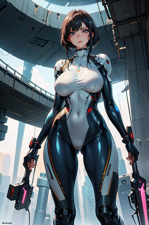 2 girls, looking around, weapons at the ready, dynamic stance, huge breasts, huge curvy hips, narrow waist, skinny, skin tight translucent white glossy smooth bodysuit, armor, futuristic, sci-fi, cyberware, cybertech, unexplored world, mist, ancient marvelous structures, ultra highres, atmosphere of mystery and danger, (detailed face:1.2), (detailed eyes:1.2), detailed background, intricate, foggy landscape, masterpiece, best quality, perfect, Enhance, FUJI, rubbersuit02, rubbersuit, realhands, Extremely Realistic, latex suit, rubber suit,Anime