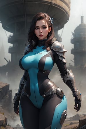 2 girls, looking around, weapons at the ready, dynamic stance, huge breasts, huge curvy hips, narrow waist, skinny, skin tight battle suit, cerulean blue, armor, futuristic, sci-fi, cyberware, cybertech, unexplored world, mist, ancient marvelous structures, ultra highres, atmosphere of mystery and danger, (detailed face:1.2), (detailed eyes:1.2), detailed background, intricate, foggy landscape, masterpiece, best quality