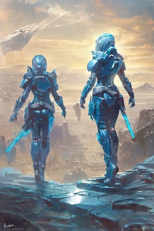 2 girls, looking around, weapons at the ready, dynamic stance, huge breasts, huge curvy hips, narrow waist, skinny, skin tight battle suit, cerulean blue, armor, futuristic, sci-fi, cyberware, cybertech, unexplored world, mist, ancient marvelous structures, ultra highres, atmosphere of mystery and danger, (detailed face:1.2), (detailed eyes:1.2), detailed background, intricate, foggy landscape, ghost person,artistic oil painting stick