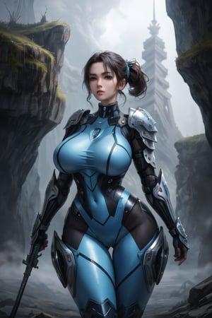 2 girls, looking around, weapons at the ready, dynamic stance, huge breasts, huge curvy hips, narrow waist, skinny, skin tight battle suit, cerulean blue, armor, futuristic, sci-fi, cyberware, cybertech, unexplored world, mist, ancient marvelous structures, ultra highres, atmosphere of mystery and danger, (detailed face:1.2), (detailed eyes:1.2), detailed background, intricate, foggy landscape, masterpiece, best quality