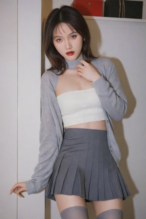 grey pleated skirt, grey cardigan, stockings,full_body, perfect hands, perfect lighting, vibrant colors, intricate details, high detailed skin, intricate background, realistic, raw, analog, taken by Canon EOS,SIGMA Art Lens 35mm F1.4,ISO 200 Shutter Speed 2000,Vivid picture,hubggirl