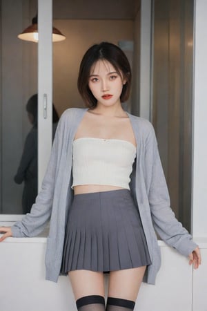 grey pleated skirt, grey cardigan, stockings,full_body, full body shot, long legs, perfect hands, perfect lighting, vibrant colors, intricate details, high detailed skin, intricate background, realistic, raw, analog, taken by Canon EOS,SIGMA Art Lens 35mm F1.4,ISO 200 Shutter Speed 2000,Vivid picture,hubggirl