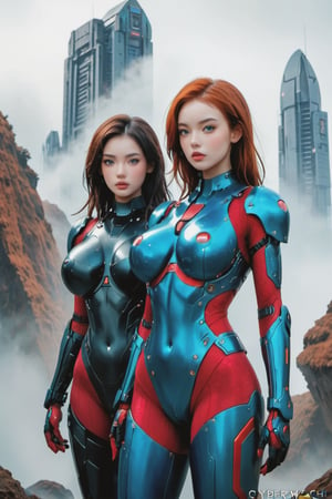 2 girls, looking around, weapons at the ready, dynamic stance, huge breasts, huge curvy hips, narrow waist, skinny, skin tight battle suit, cerulean blue, armor, futuristic, sci-fi, cyberware, cybertech, unexplored world, mist, ancient marvelous structures, ultra highres, atmosphere of mystery and danger, (detailed face:1.2), (detailed eyes:1.2), detailed background, intricate, foggy landscape, photo