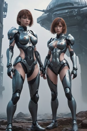 2 girls, looking around, weapons at the ready, dynamic stance, huge breasts, huge curvy hips, narrow waist, skinny, skin tight battle suit, color #ff6cdc, armor, futuristic, sci-fi, cyberware, cybertech, unexplored world, mist, ancient marvelous structures, ultra highres, atmosphere of mystery and danger, (detailed face:1.2), (detailed eyes:1.2), detailed background, intricate, foggy landscape