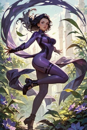 score_9, score_8_up, score_7_up, 1girl, full body, dynamic pose, purple catsuit, lush long black hair, in a gothic metropolis, best quality, HD32k