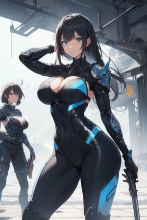 2 girls, looking around, weapons at the ready, dynamic stance, huge breasts, huge curvy hips, narrow waist, skinny, skin tight battle suit, cerulean blue, armor, futuristic, sci-fi, cyberware, cybertech, unexplored world, mist, ancient marvelous structures, ultra highres, atmosphere of mystery and danger, (detailed face:1.2), (detailed eyes:1.2), detailed background, intricate, foggy landscape, masterpiece, best quality,incredibly absurdres