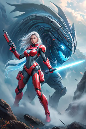 2 girls, looking around, weapons at the ready, dynamic stance, huge breasts, huge curvy hips, narrow waist, skinny, skin tight battle suit, cerulean blue, armor, futuristic, sci-fi, cyberware, cybertech, unexplored world, mist, ancient marvelous structures, ultra highres, atmosphere of mystery and danger, (detailed face:1.2), (detailed eyes:1.2), detailed background, intricate, foggy landscape, ghost person