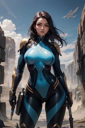 masterpiece, best quality, ultra-detailed, 8K, highly detailed, colorful, 2 girls, looking around, weapons at the ready, dynamic stance, huge breasts, huge curvy hips, narrow waist, skinny, skin tight battle suit, cerulean blue, armor, futuristic, sci-fi, cyberware, cybertech, unexplored world, mist, ancient marvelous structures, ultra highres, atmosphere of mystery and danger, (detailed face:1.2), (detailed eyes:1.2), detailed background, intricate, foggy landscape