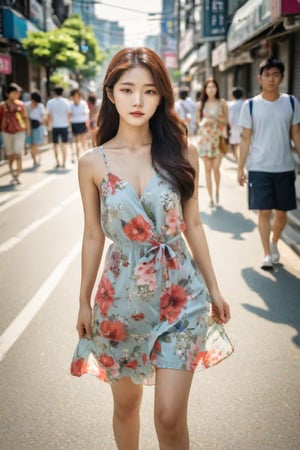 photography, realistic, raw photo, photo of a beautiful korean girl in floral printed sundress, on Seoul street