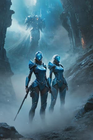 2 girls, looking around, weapons at the ready, dynamic stance, huge breasts, huge curvy hips, narrow waist, skinny, skin tight battle suit, cerulean blue, armor, futuristic, sci-fi, cyberware, cybertech, unexplored world, mist, ancient marvelous structures, ultra highres, atmosphere of mystery and danger, (detailed face:1.2), (detailed eyes:1.2), detailed background, intricate, foggy landscape, ghost person