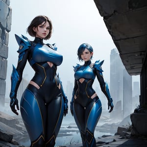 masterpiece, best quality, ultra-detailed, 8K, highly detailed, colorful, 2 girls, looking around, weapons at the ready, dynamic stance, huge breasts, huge curvy hips, narrow waist, skinny, skin tight battle suit, cerulean blue, armor, futuristic, sci-fi, cyberware, cybertech, unexplored world, mist, ancient marvelous structures, ultra highres, atmosphere of mystery and danger, (detailed face:1.2), (detailed eyes:1.2), detailed background, intricate, foggy landscape