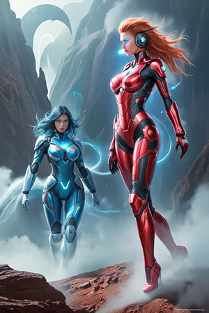 2 girls, looking around, weapons at the ready, dynamic stance, huge breasts, huge curvy hips, narrow waist, skinny, skin tight battle suit, cerulean blue, armor, futuristic, sci-fi, cyberware, cybertech, unexplored world, mist, ancient marvelous structures, ultra highres, atmosphere of mystery and danger, (detailed face:1.2), (detailed eyes:1.2), detailed background, intricate, foggy landscape, ghost person