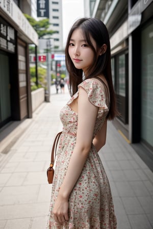 photo, photography, photo of a beautiful korean girl in floral printed sundress, on Seoul street