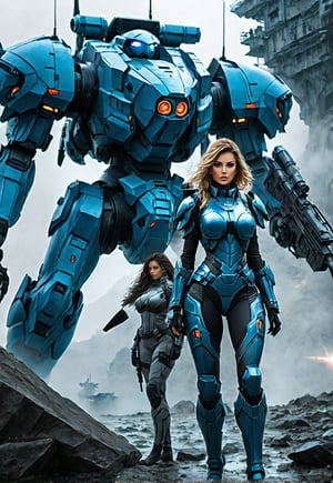 2 girls, looking around, weapons at the ready, dynamic stance, huge breasts, huge curvy hips, narrow waist, skinny, skin tight battle suit, cerulean blue, armor, futuristic, sci-fi, cyberware, cybertech, unexplored world, mist, ancient marvelous structures, ultra highres, atmosphere of mystery and danger, (detailed face:1.2), (detailed eyes:1.2), detailed background, intricate, foggy landscape, cinematography, photography, a complex action movie. pencil, watercolor, bright, rich color, Gabriele Delotto, Charles Victor Thirion, Karl Eugen Kiel, Karl Lundgren, pencil drawing