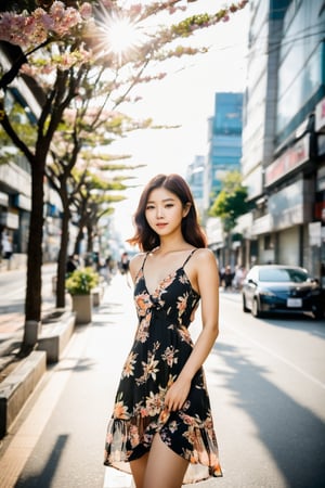  photo of a beautiful korean girl in floral printed sundress, on Seoul street