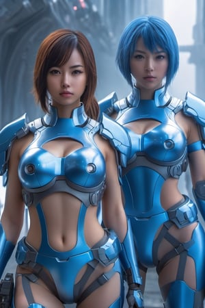 2 girls, looking around, weapons at the ready, dynamic stance, huge breasts, huge curvy hips, narrow waist, skinny, skin tight battle suit, cerulean blue, armor, futuristic, sci-fi, cyberware, cybertech, unexplored world, mist, ancient marvelous structures, ultra highres, atmosphere of mystery and danger, (detailed face:1.2), (detailed eyes:1.2), detailed background, intricate, foggy landscape, ultra detailed, 32k resolution, best quality, hyper detailed, sharp focus, studio photography, intricate detail, highly detailed