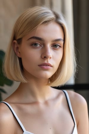 photography, realistic, raw photo, reddit, closeup, italian girl, 18 years old, blonde straight bob hair, translucent exquisite top