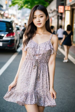 photo of a beautiful korean girl in floral printed sundress, on Seoul street