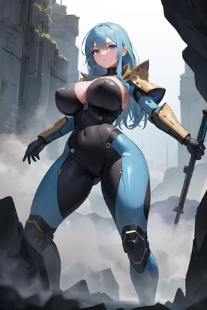 2 girls, looking around, weapons at the ready, dynamic stance, huge breasts, huge curvy hips, narrow waist, skinny, skin tight battle suit, cerulean blue, armor, futuristic, sci-fi, cyberware, cybertech, unexplored world, mist, ancient marvelous structures, ultra highres, atmosphere of mystery and danger, (detailed face:1.2), (detailed eyes:1.2), detailed background, intricate, foggy landscape, masterpiece, best quality