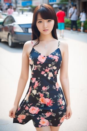 photography, realistic, raw photo, photo of a beautiful korean girl in floral printed sundress, on Seoul street