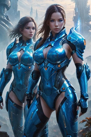 2 girls, looking around, weapons at the ready, dynamic stance, huge breasts, huge curvy hips, narrow waist, skinny, skin tight battle suit, cerulean blue, armor, futuristic, sci-fi, cyberware, cybertech, unexplored world, mist, ancient marvelous structures, ultra highres, atmosphere of mystery and danger, (detailed face:1.2), (detailed eyes:1.2), detailed background, intricate, foggy landscape