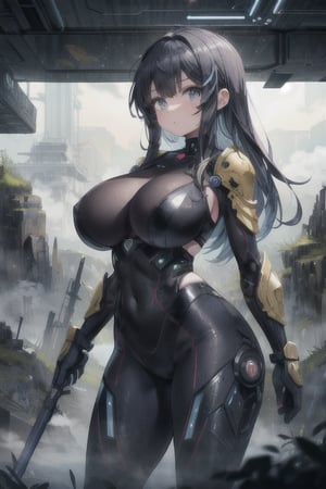 2 girls, looking around, weapons at the ready, dynamic stance, huge breasts, huge curvy hips, narrow waist, skinny, skin tight battle suit, cerulean blue, armor, futuristic, sci-fi, cyberware, cybertech, unexplored world, mist, ancient marvelous structures, ultra highres, atmosphere of mystery and danger, (detailed face:1.2), (detailed eyes:1.2), detailed background, intricate, foggy landscape, masterpiece, best quality